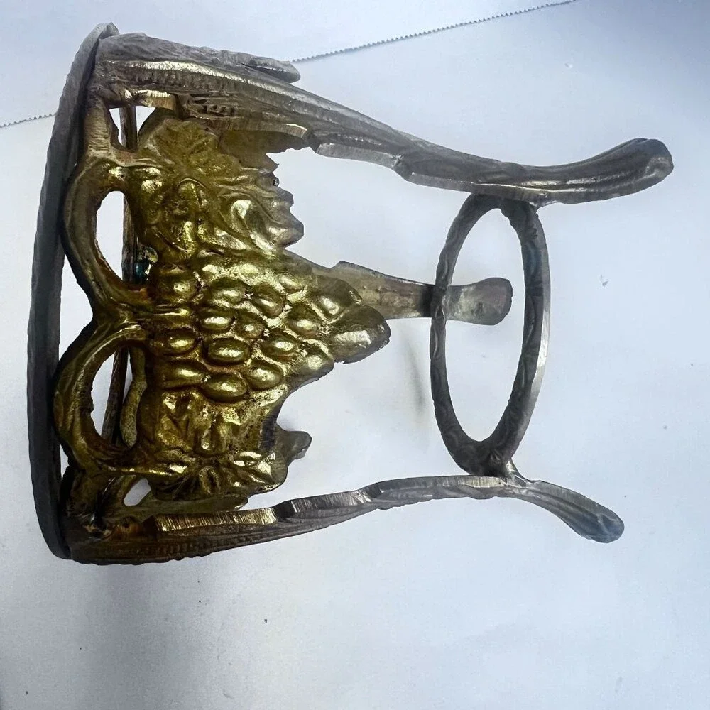 Vtg Brass Crackle Glass Candle‎ Holder Vase Compote Bowl Grape Motif Design **